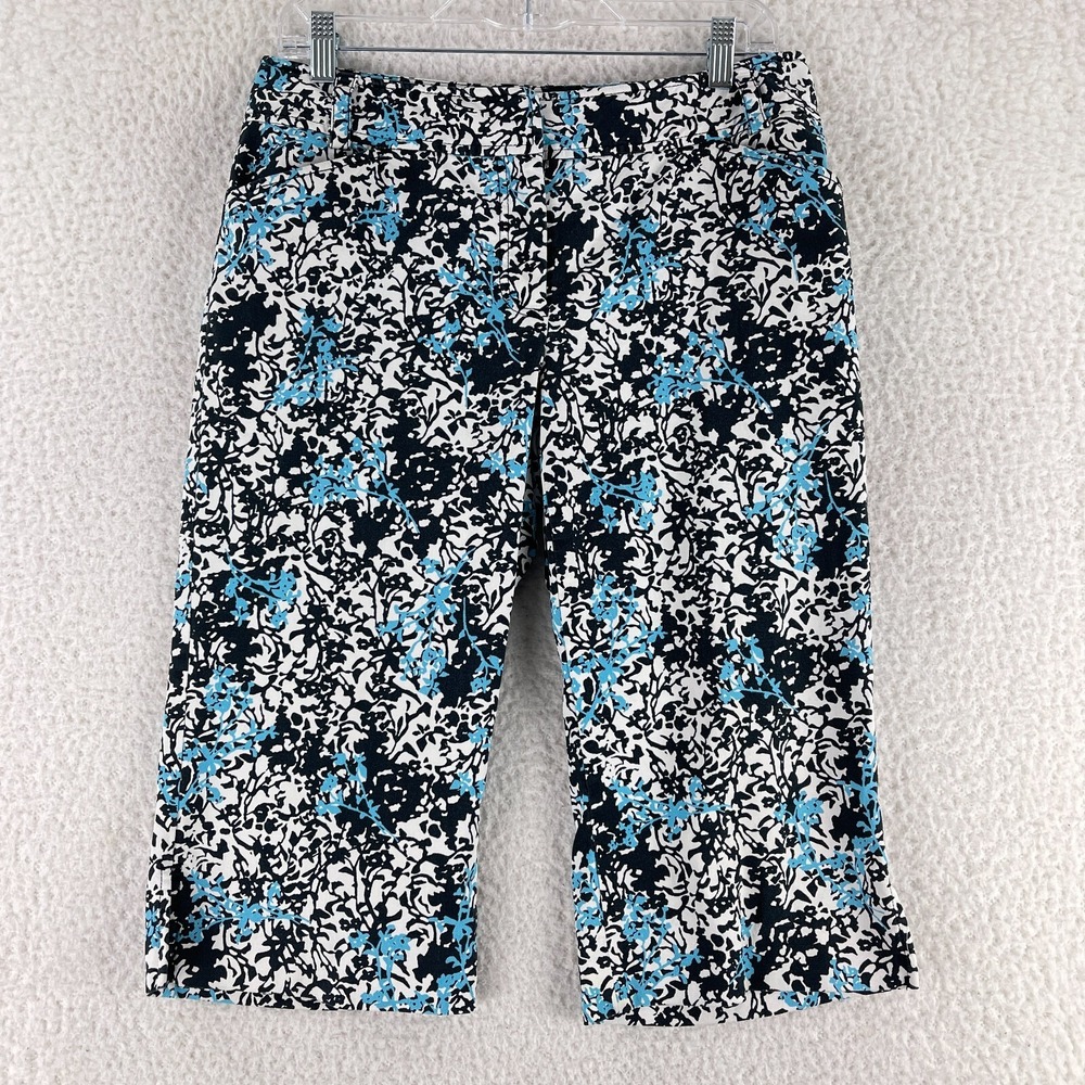 Ann Taylor Blue Black‎ Floral Capri Pants Womens Casual Flat Front Size 8